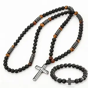 2pcs Bohemian Style Cross Pendant Necklaces for Men & Women - Matte Black & Tiger Eye Stones, Natural Stone Beads, Versatile for Daily Wear & Formal Events, Versatile Jewelry, Avant-Garde Necklace, Intricate Beadwork