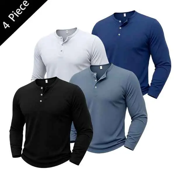 4-Pack Men’s Long Sleeve Henley Shirts – Soft Stretch Casual Button-Front Shirts, Lightweight, Breathable Basic Tops for Everyday Wear