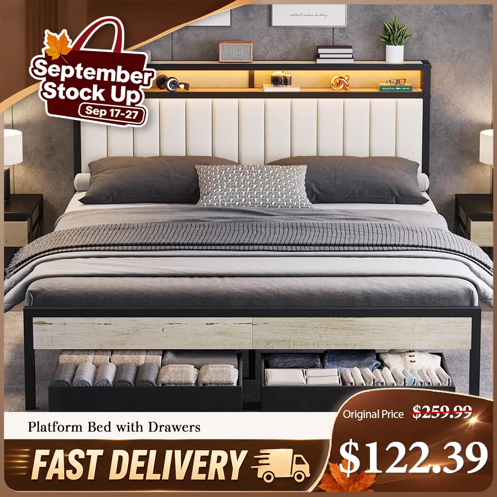 VanAcc LED Bed Frame with Storage Headboard, 2-Drawer or No-Drawer Option, Velvet Upholstered Metal Platform Bed, Heavy-Duty Slats, No Box Spring, Easy Assembly #tiktokshopstockup