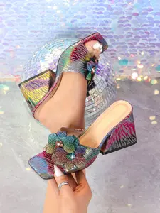 Women's High Heel Sandals, Colorful Water Drill Flower Design, Glitter Decorated Sandals, European Style Zebra Pattern Nightclub Party Wear, Ladies' Fashion Shoes