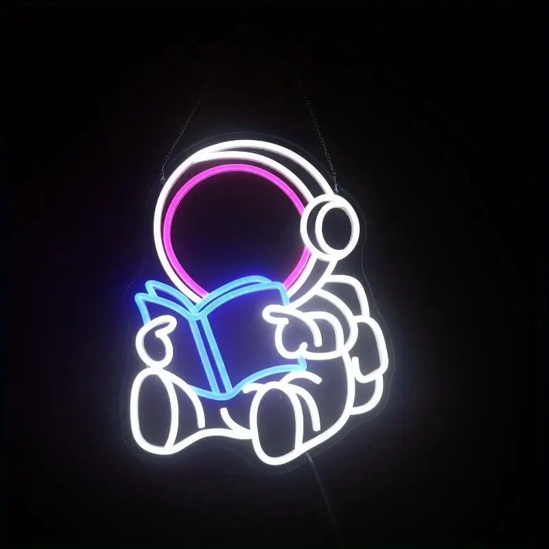 Astronaut Reading Neon Sign, USB Plug Powered LED Luminous Wall Mount Neon Light, Decorative Light for Home, Office, Shop, Coffee Shop, Room Decoration, Modern Mood Lighting, Ambient Lights
