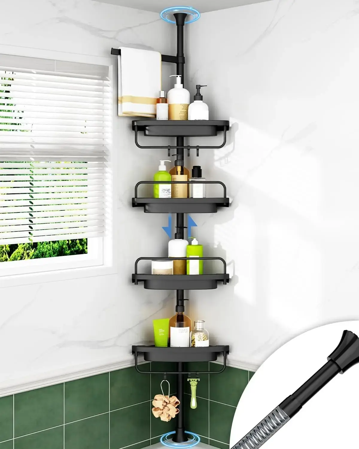 Rustproof Shower  Corner for Bathroom,Bathtub Storage Organizer for Shampoo Accessories,4-Tier Adjustable Shelves with Tension Pole, 39 to 113 Inch, Black