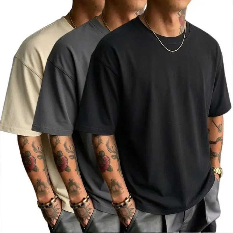 Men's 3-Pack Cotton Basic Ribbed Oversized Vintage Loose Short-Sleeve Round Neck T-Shirts - Streetwear Casual Summer Tops for Day Wear, Grey/Black Fabric Tshirt Beige Baggy Classic Crewneck