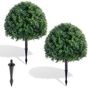 28 Inch Artificial Boxwood Trees, 2 Sets Faux Boxwood Topiary with Spikes, Pot Filler Fake Shrubs Plants for Outdoor Planters, Round Topiary Bush Balls Front Porch Home Garden Spring Decor
