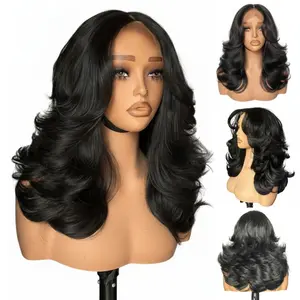 [Detroit Layers] Beginher Hair Extra Full & Voluminous 20 inches Middle Part Heat Resistance Fiber 250% Density Big-Head Friendly Kash Doll Curl Farrah Fawcett Layers 4x4x1 T-Part Lace Synthetic Pre-Cut Glueless Wigs Natural Black Color