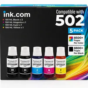 Ink.com High Capacity Refillable Ink Cartridge Refills (5 Bottles, Cyan, Magenta, Black) with Easy-Refill Design for Crisp Text, Replacement for Epson ET-2850, ET-3830, ET-3850 Printers