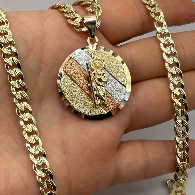 Gold Plated San Judas Tadeo Necklace 24" Diamantada Cuban Chain Eye-Catching Design Costume Jewelry Durable Long-Lasting