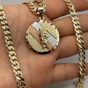 Gold Plated San Judas Tadeo Necklace 24" Diamantada Cuban Chain Eye-Catching Design Costume Jewelry Durable Long-Lasting