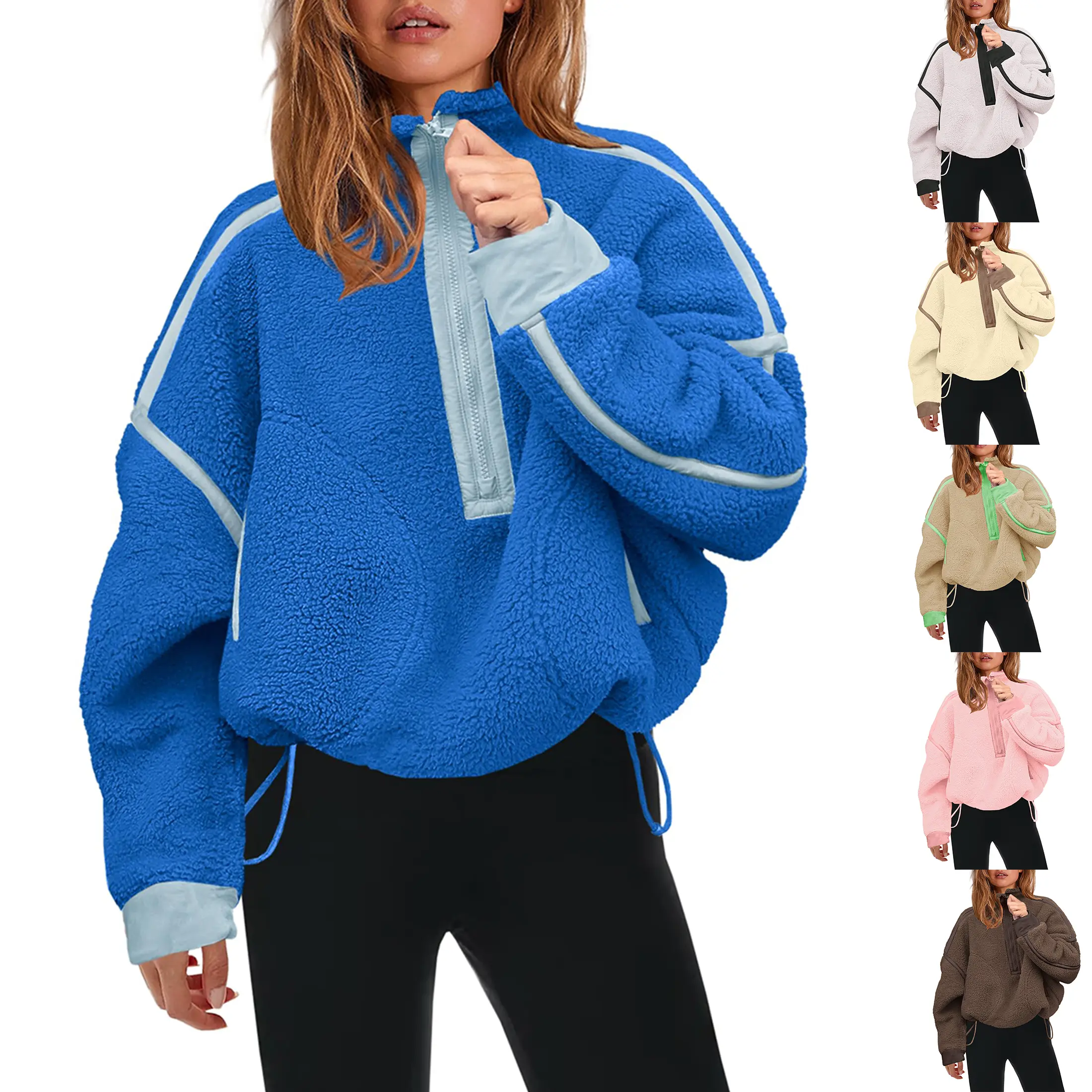 Wandal Women Half Zip Contrast Stripe Fleece Pullover Oversized Cropped Drawstring Hem Warm Soft Fuzzy Sweatshirt With Side Pockets Fall Winter Travel Casual Outdoor Jacket OOTD