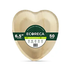ECORECA 6.5-Inch Heart Form Palm Leaf Plates (50-Pack) Disposable for Appetizers Bamboo-Style Eco-Friendly Biodegradable Plates for Parties, Weddings & Catering | Camping Essentials. Plastic Traditional