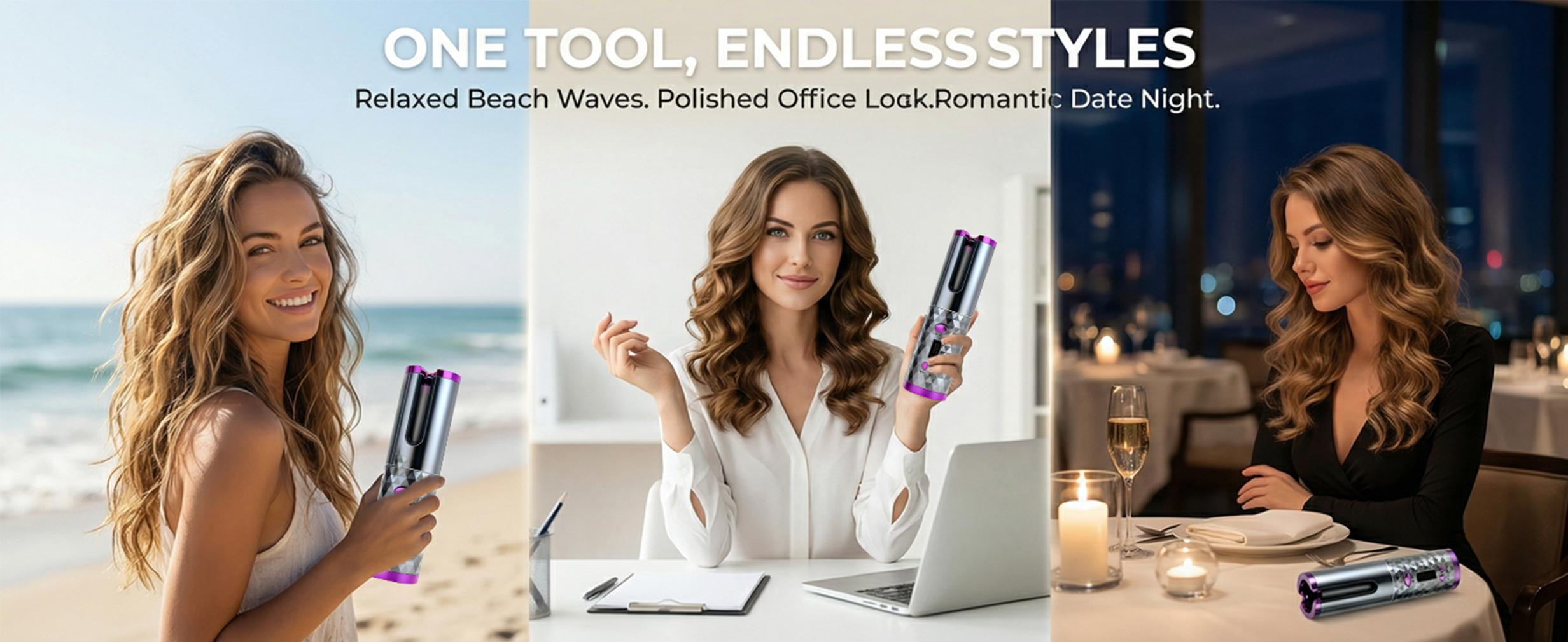Cordless Automatic Hair Curler for Women, Fast Heating USB Rechargeable Curling Wand with Digital Display, Portable Spin Curler for Styling, Travel-Friendly