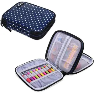 Crochet Hook Case, Travel Storage Bag for Various Crochet Needles and Accessories, Lightweight and Compact, Easy to Carry, Medium, Blue Dots (No Accessories Included)