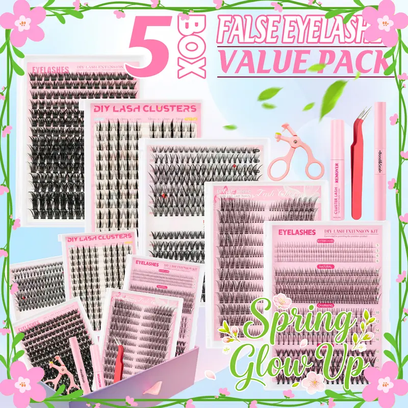 2080/1268/1204/852PCS Trendy Spring Glow Up Lashes DIY Lash Extension Kit with Many Styles Manga/Cat Eyes/Natural/Fluffy/Dense, False Eyelash Clusters Value Pack with Tools All-In-One Lash Kit, Reusable Individual Lashes for Home Use Spring Glow Up Vibe