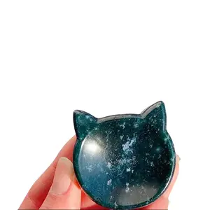 1 count Moss Agate Cat Shape Bowl Decoration Handmade Crystal Stone Carving Home Ornament