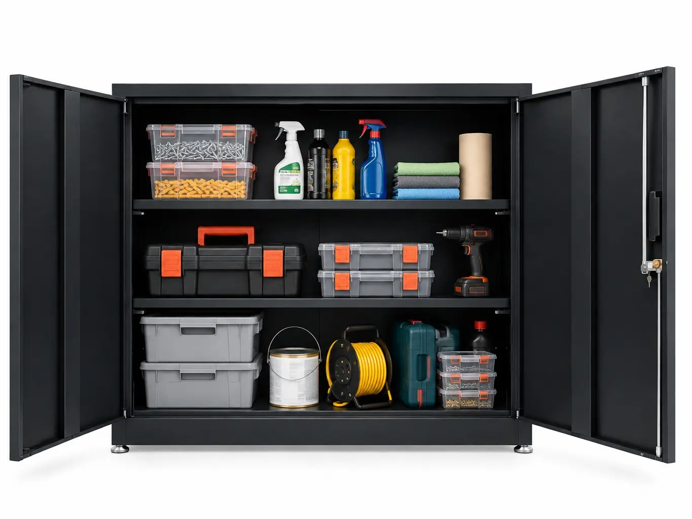 Metal Storage Cabinet with Locking Doors, Lockable Steel Storage Cabinets with 2 Doors and Adjustable Shelves, Black Metal Cabinets with Lock, Small Steel Cabinet for Office, Garage, Home, Shop