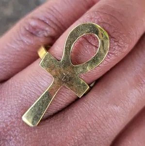 Large Hammered Ankh Adjustable Brass Ring