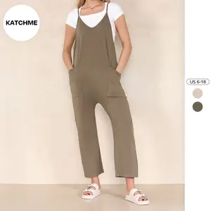 KatchMe Women's Versatile Solid Color Thin Strap Pocket Baggy Jumpsuit,Plain Low-Neckline Loose Overalls,Wide Leg Romper,Basic Womenswear Underwear Lady
