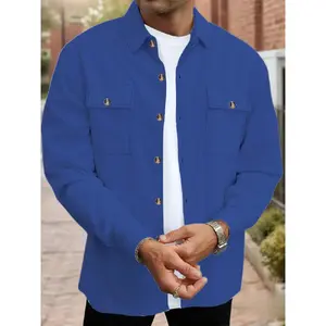 Men's Solid Color Waffle Knit Shirt Jacket Long Sleeve, Vintage Workwear Classic Style Button Front Collar and Dual Chest Pockets, Breathable Fabric Casual Outdoor Wear, Menswear Collared Tops