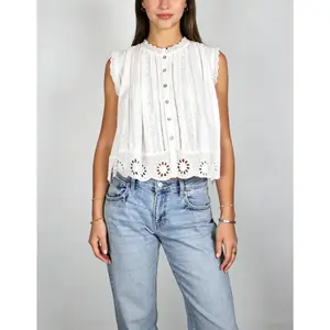 Women’s Button Down Tank Tops Trendy Sleeveless Round Neck Lace Trim Solid Color Tops Eyelet Shirts