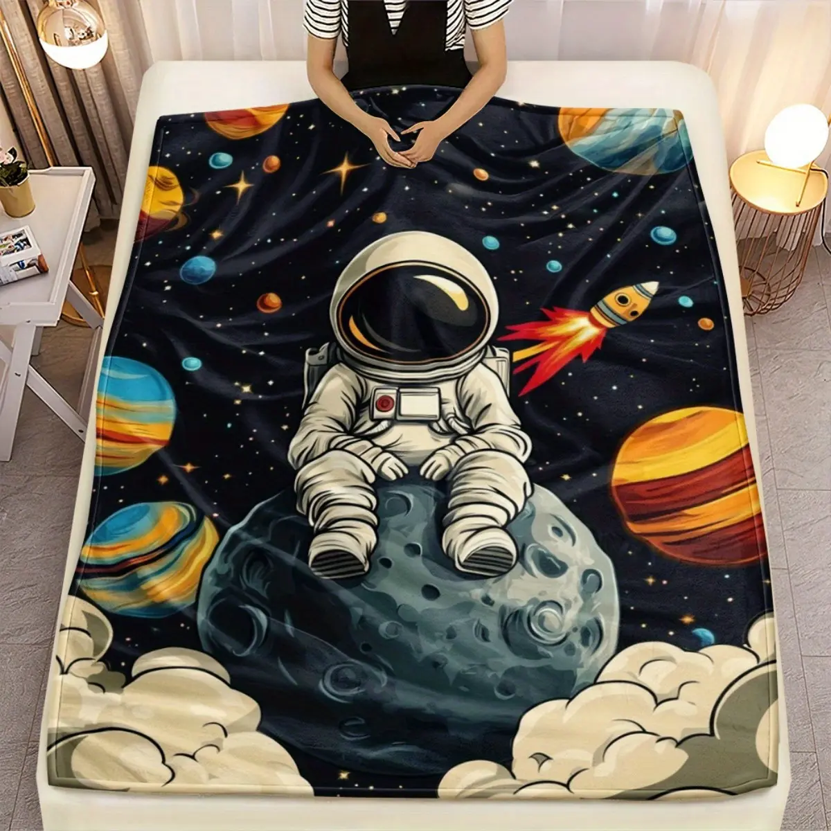 Cool Outer Space Astronaut Graphic Flannel Blanket Galaxy Planet Rocket Soft Fleece Throw Cozy Couch Bed Office Desk Outdoor Camping Wrap Holiday Gift