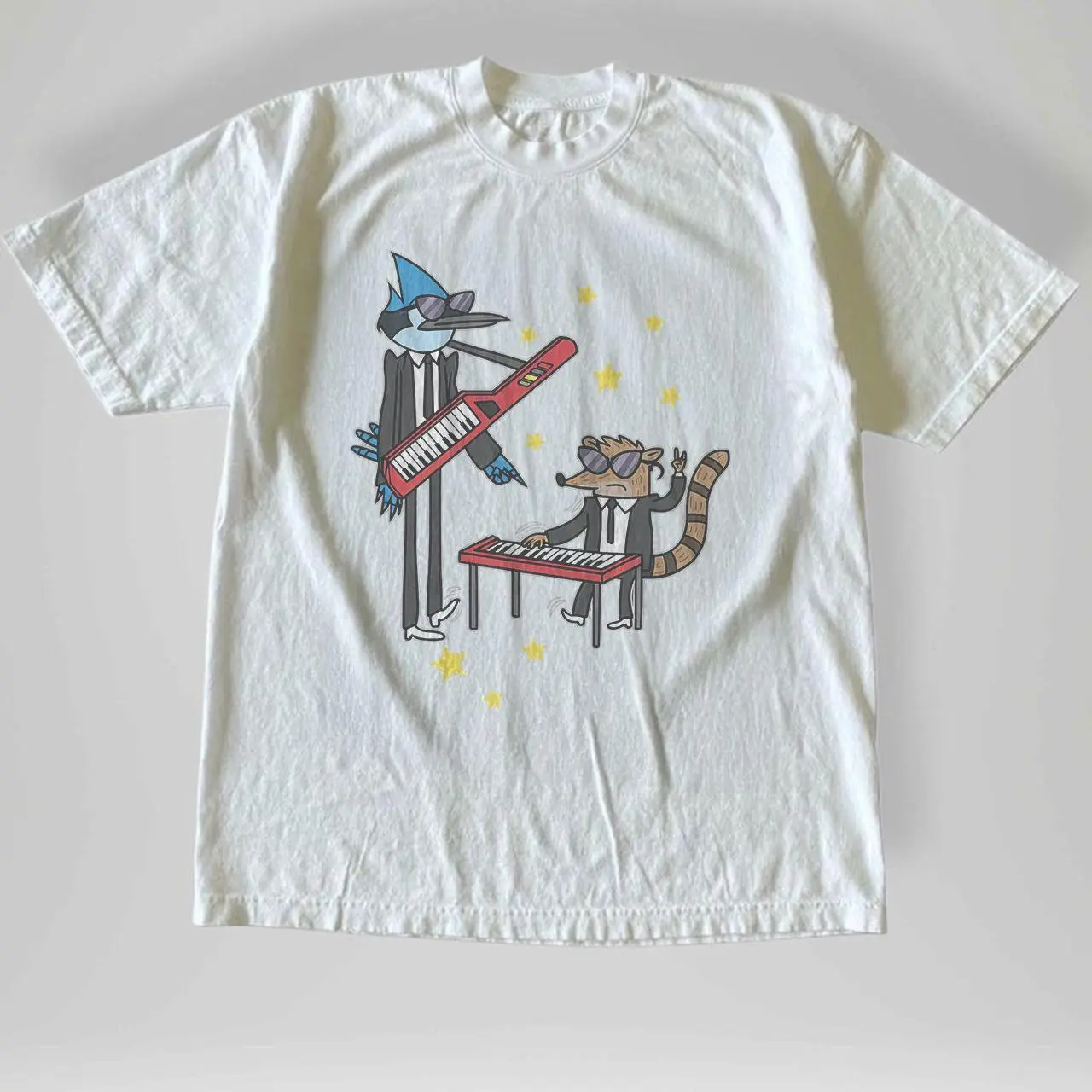 Vintage Style Regular Show Mordecai Rigby Keyboard Graphic Tee Cartoon T Shirt - Gildan T-shirt