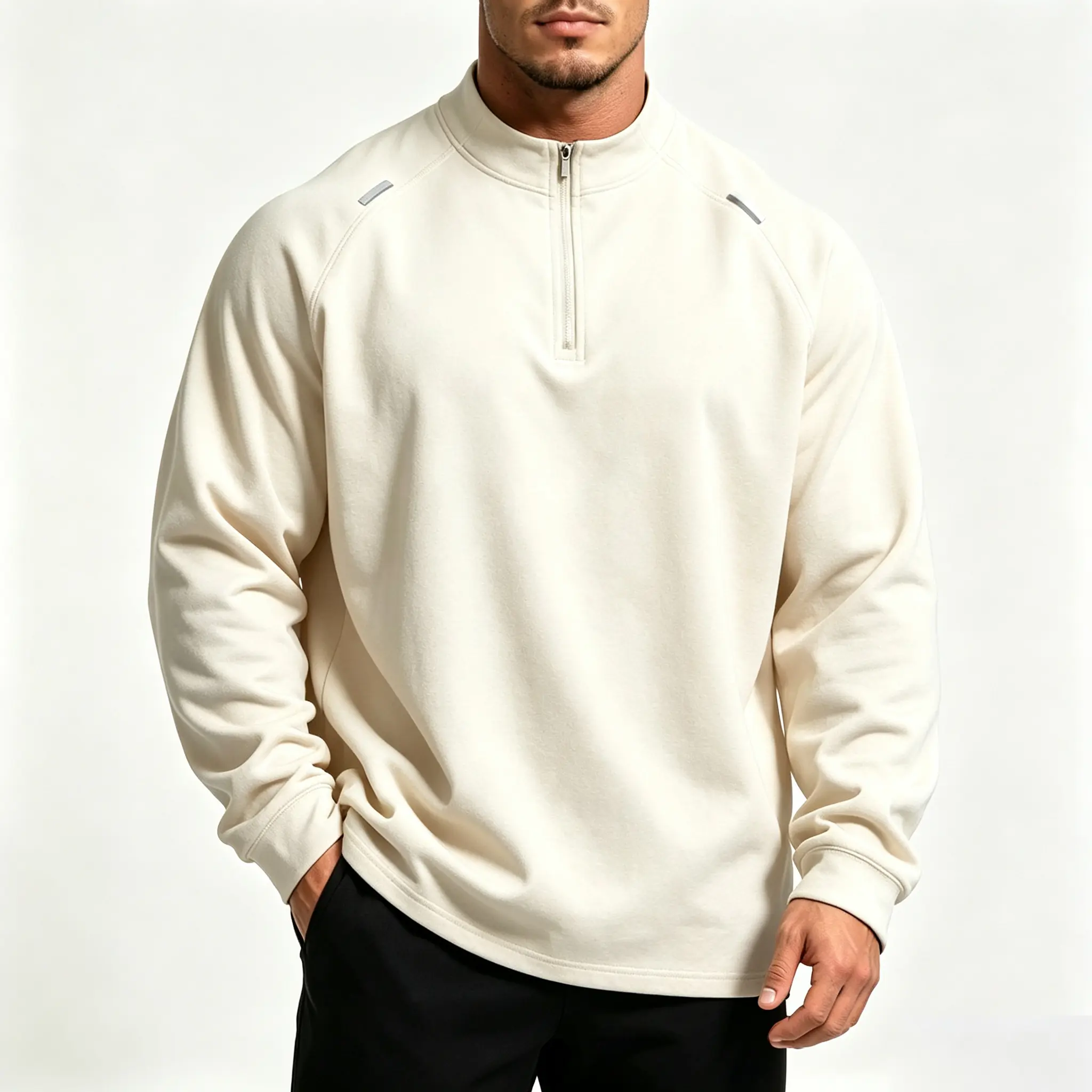 Spring/Autumn men’s half-zip stand collar long-sleeve quick-dry top with shoulder inserts, outdoor reflective stripes, loose fit—versatile casual athletic pullover for fitness training