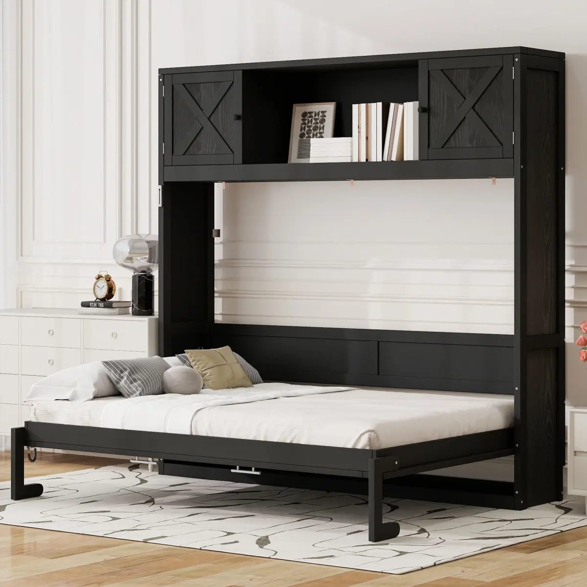 Casual Wood Full Size Foldable Murphy Pull Out Bed with 3 Storage Cabinets, Compartments, Black, 83''L x 60.6''W x 81.9''H, Assembly Required