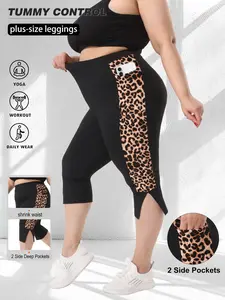 Women's Plus Size Tight-Fitting Capri Pants Legging, Side Leopard Print Contrast, Split Hem Design, Pockets, High Stretch Comfort Fabric