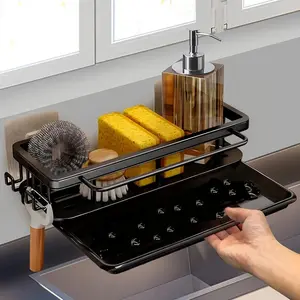 Black Kitchen Sink Caddy Sponge Holder, Stainless Steel Suction Cup Kitchen Sink Organizer With Dishcloth Rack, No Drill Rustproof Soon Clean Kitchen Sink Caddy Removable Drain Tray
