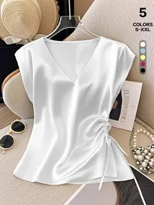 2026 Spring Summer Women's Satin V Neck Blouse, Cap Sleeve Ruched Adjustable Drawstring Side Top, Elegant Casual Silky Satin Shirt for Work Office Party