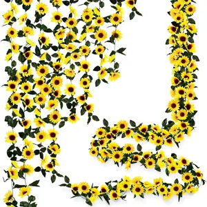 3PCS Artificial Sunflower Garland Decor, Sunflower Vines Hanging Flowers Garland with Green Leaves, Fake Yellow Floral Vines Room Wedding Party Decoration