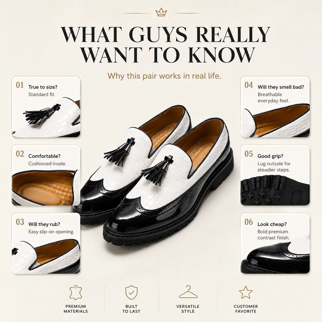 Men's 2-Tone Croc Embossed Leather Tassel Wingtip Brogue Loafers - Chunky Lug Cushioned Sole Slip-On Walking Shoes, Classic Chic Formal Business Footwear
