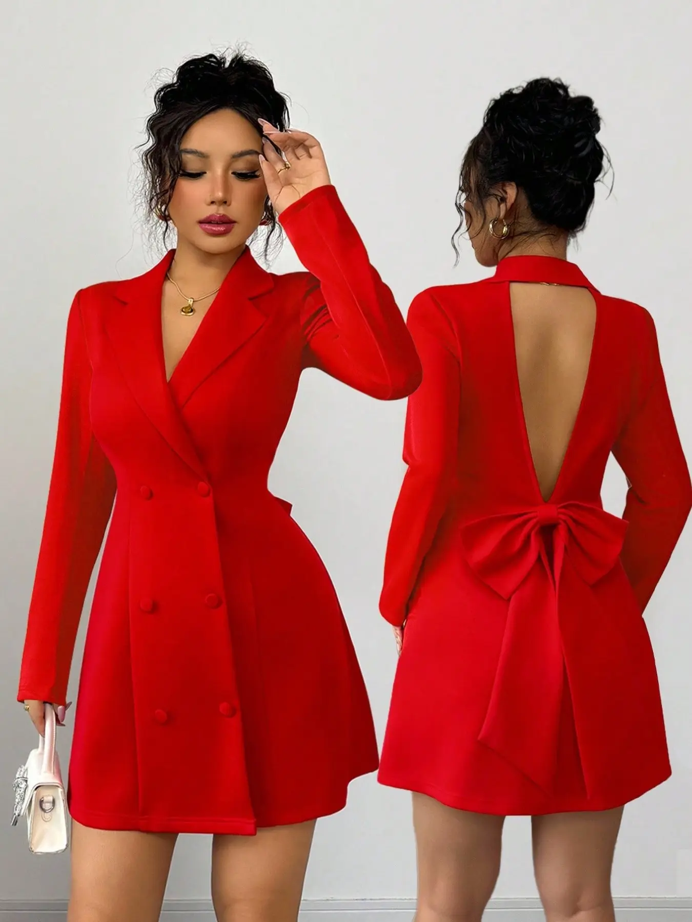 New Women's Suit Jacket Lapel Double Button Deep V Neck Large Bow Design Long Sleeve Formal Party Dress, Elegant, Chic and Sexy Mini Dress