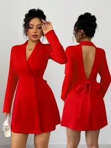 New Women's Suit Jacket Lapel Double Button Deep V Neck Large Bow Design Long Sleeve Formal Party Dress, Elegant and Sexy Mini Dress