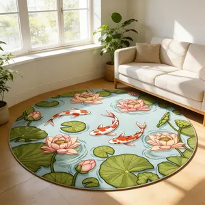 Modern Creative Pond Carpet, Round Koi Lotus Design Rug, Soft Comfortable Plush Foot Pad, Hand Wash Only, for Living Room Bedroom