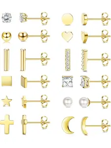12 Pairs Stud Earrings for Women, 316L Stainless Steel Hypoallergenic, Heart, Star, Pearl, Cz Designs, Comfortable Everyday Jewelry Set