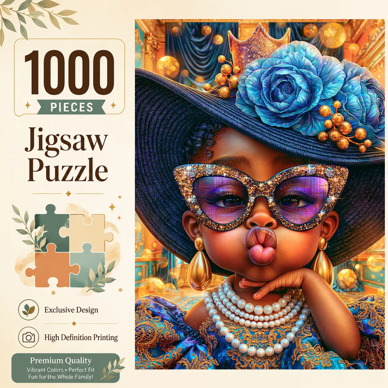 Elegant Blue Rose Woman 1000 Pieces Jigsaw Puzzle, Glamorous Hat and Sunglasses Portrait for Adults, Challenging Family Game for Stress Relief Brain Exercise, Wall Decor Gift for Women and Seniors, 19.7×29.5 inches（50×75cm）