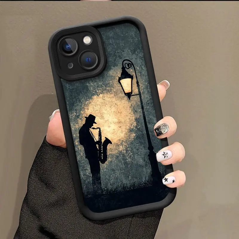 Saxophone Pattern Phone Case Shines Alone Under Street Lights, Easy And Low-Key, Luxurious Black, Full Protection, Shockproof And Drop-Proof, TPU Thickened Phone Case, Suitable for iPhone 17 E Air Pro ProMax iPhone16 15 14 Plus 13 12 Mini 11 X XS XR