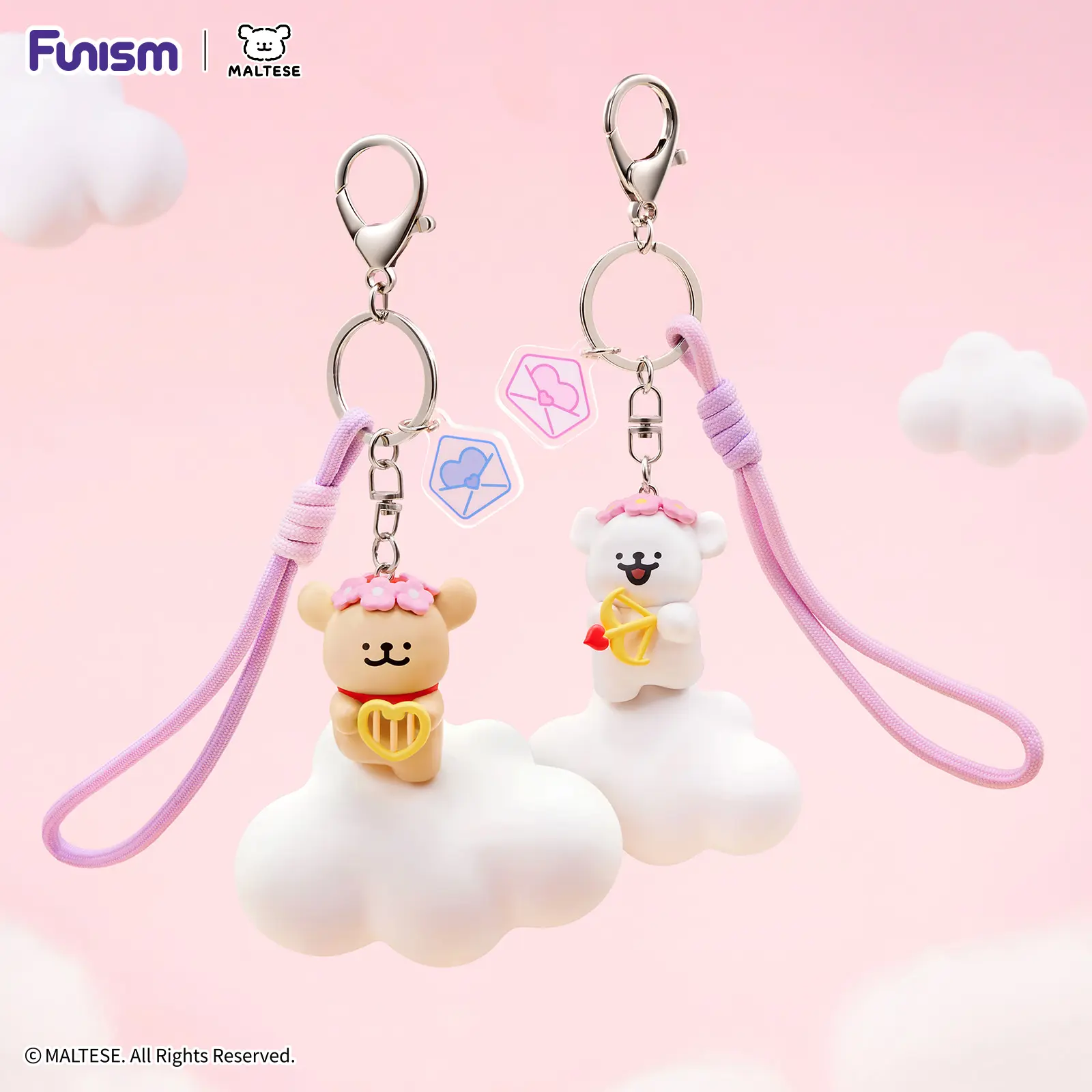 FUNISM Maltese Cupid Keychain Kawaii Style Bag Charm Aesthetic Car Keyring Handmade Doll Gift for Girls Women