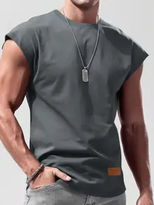 Men's Solid Color Casual Sleeveless Workout Tank Top T-Shirt, Drop Shoulder Cut Off Tee with Leather Patch, Loose Fit Streetwear Tank Top for Daily Wear