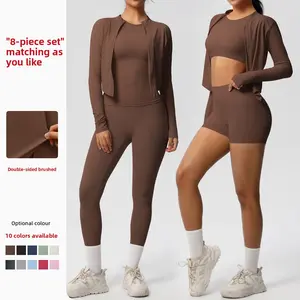 (New) In-stock double-sided brushed tight-fitting breathable solid color training yoga wear eight-piece set for women's sports, running, and fitness