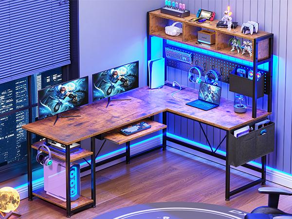 SEDETA 57.5-inch L-Shaped Gaming Table with Tray Reversible Computer Desk Furniture Shelf