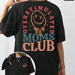 Women's Cotton Casual Short-Sleeve Round Neck Breathable Baggy T-Shirt - Overstimulated Moms Club Print, Funny Mom Life Quote Top, T Shirts Women