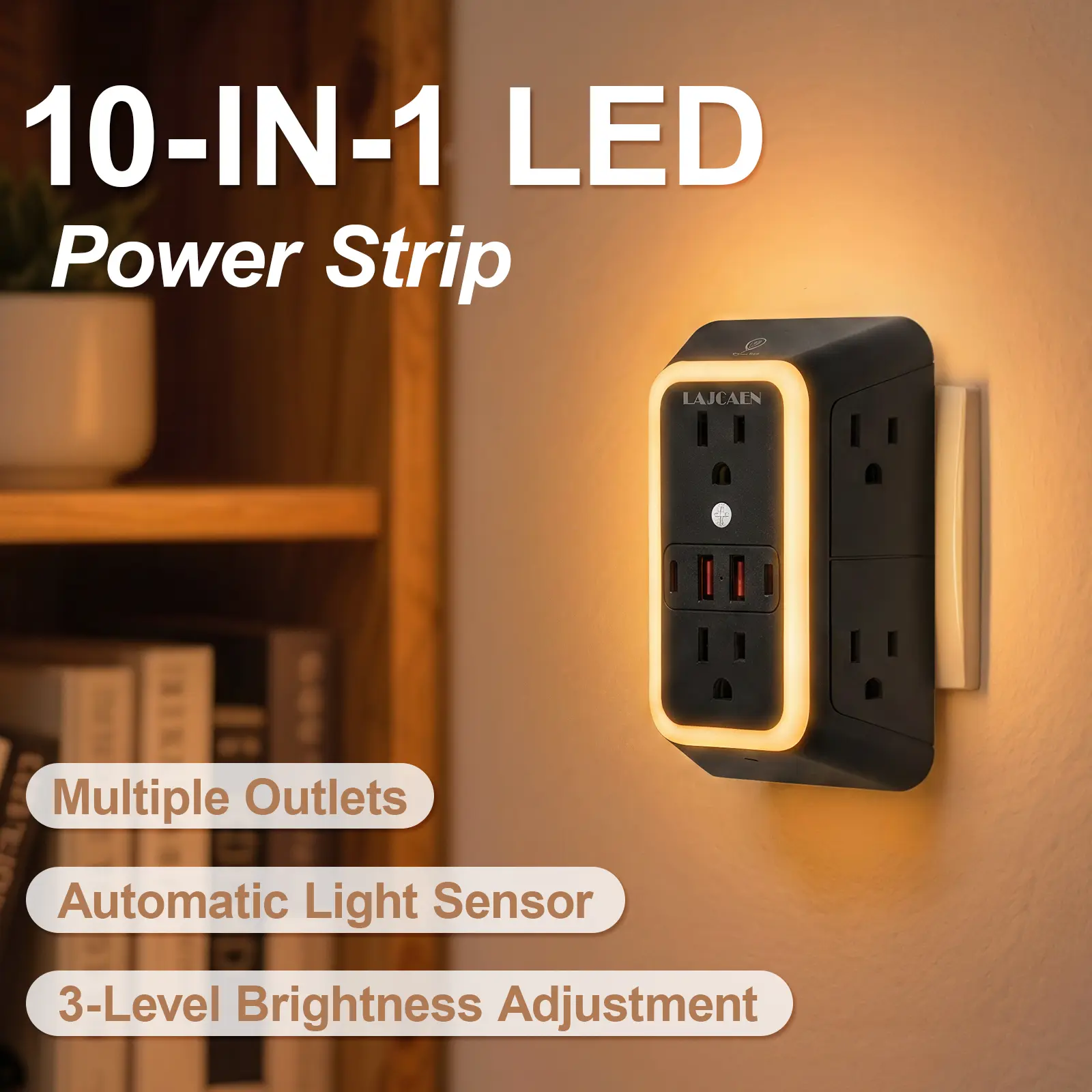 US Plug Mountable Smart Square Surge Protector with Night Light, Multi-Outlet Sockets - 6 Spaced Slots, 4 USB Slots, 1050J Surge Protection, for Indoor Home & Office Use