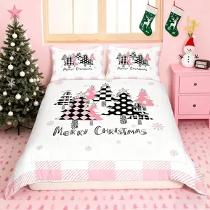Merry Christmas Duvet Cover Set,Pink Plaid Xmas Trees Bedding Set,New Year Holiday Quilt Cover with Zipper Closures,Kids Girls Santa Claus Room Decor,No Comforter