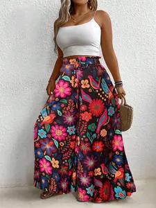 Women's Plus Size Holiday Tie-Dye Floral Print Bohemian Wide Leg Pants, Casual Skirt Pants, Long Pants for Women, Comfortable and Stylish