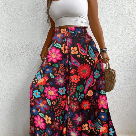 Women's Plus Size Holiday Bohemian Tie-Dye Floral Print Wide Leg Loose Pants, Casual Skirt Pants, Long Pants for Women, Comfortable and Stylish, Bottoms