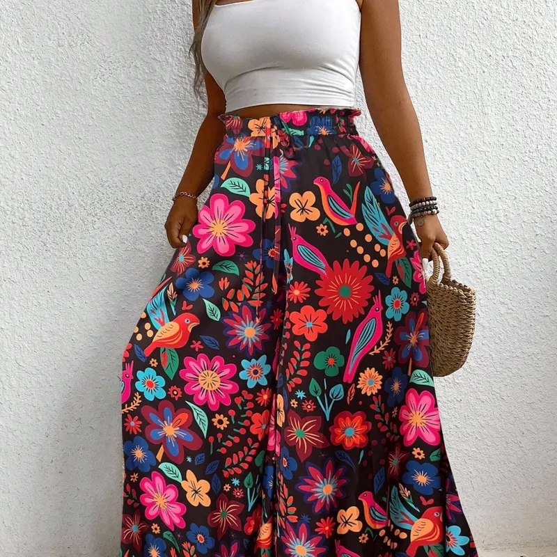 Women's Plus Size Holiday Bohemian Tie-Dye Floral Print Wide Leg Loose Pants, Casual Skirt Pants, Long Pants for Women, Comfortable and Stylish, Bottoms