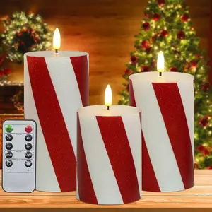 Christmas Flickering Flameless Candles Red Stripes Glitter,  Operated Pillar Real Wax LED Electric Candle with Remote Timer for  Christmas Party Decor D3 x H4 5" 6" Set of 3