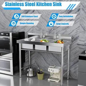 3 Compartment Sink, Stainless Steel Three Bowl Utility Sink with 2 Faucets Hot & Cold Water Pipes for Kitchen (39 * 18 * 35.8in)